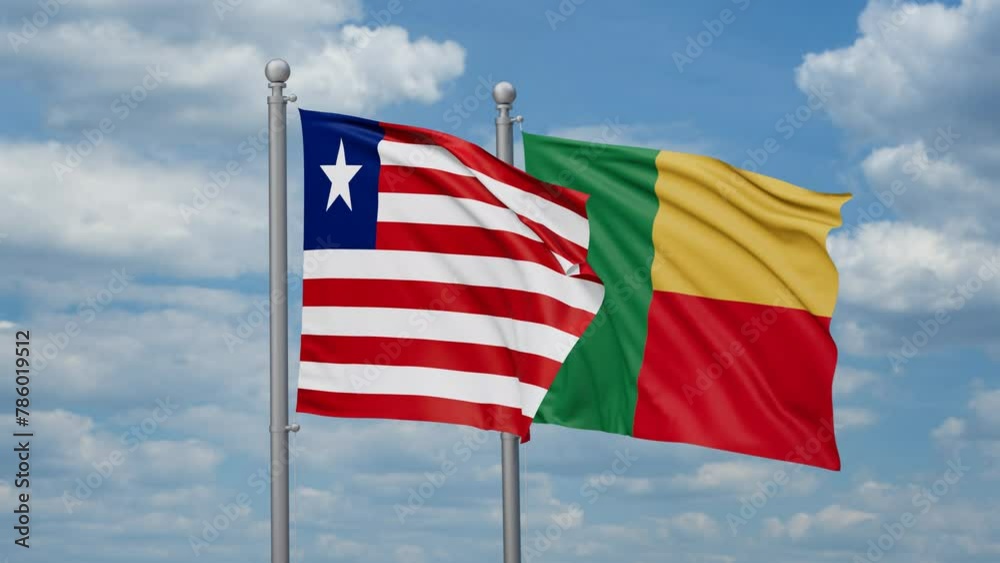 Liberia and Benin two flags waving together, looped video