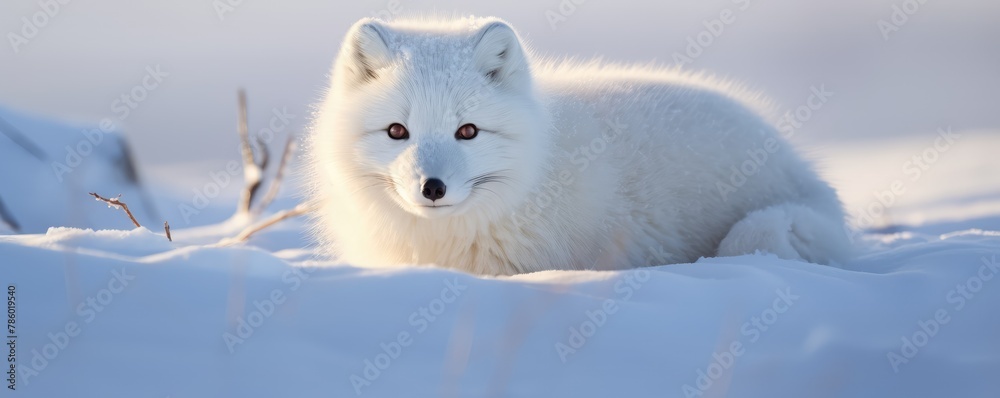 white Arctic fox staring calmly amidst a snowy backdrop, with its thick winter fur coat in the soft light white Arctic fox staring calmly amidst a snowy backdrop, with its thick winter fur coat in the soft light
