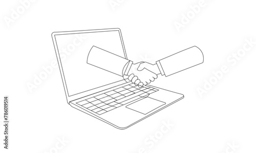 Drawing line of Handshake in laptop, concept of online deal, digital contract agreement. Drawing line style.	
