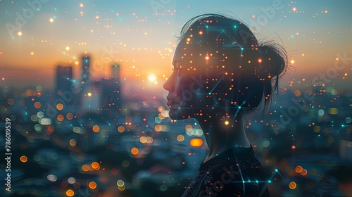 Abstract double exposure portarit of young woman with blurred bokeh light from city in the background photo