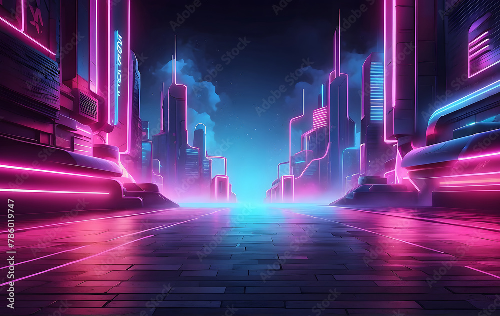 Futuristic design featuring an abstract neon-lit empty street background Futuristic design featuring an abstract neon-lit empty street background