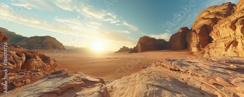 Sun over a vast desert with sand dunes and dramatic mountain structures  portraying tranquility and the grandeur of nature