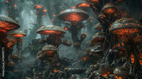 A fantasy battlefield with lethal mushrooms used as natural traps, glowing red poisionious mushroom photo