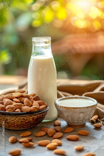 Organic almond milk in glass bottle with raw almonds  kitchen setting for cooking  ample copy space