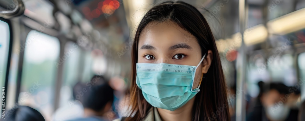 Woman in protective masks riding in a subway train, reflecting public transport during a pandemic Woman in protective masks riding in a subway train, reflecting public transport during a pandemic