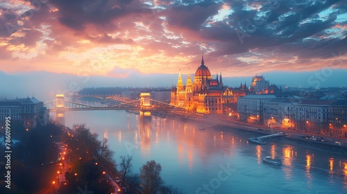 A photo capturing floating Hungarian goulash, set against the background of a historic Budapest cityscape at dusk