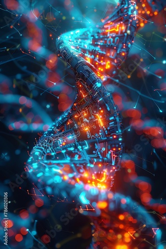 Science and technology fusion, digital illustration, circuits merging with DNA strands, innovation and life intertwined, detailed, 