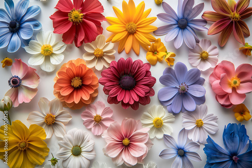 Colorful flower background on white background, top view