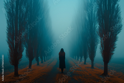 Feelings of depression, sadness, loneliness, melancholy. Blue Monday. Surreal word, nature, rows of leafless trees and lonely alone woman in the center  photo