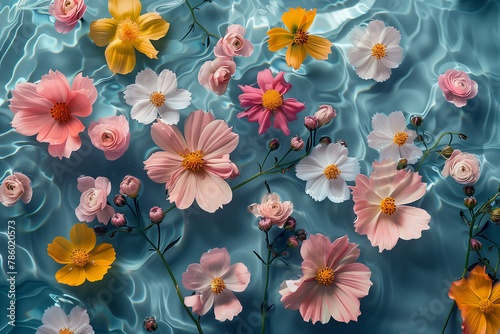 Multicolored flowers on the water surface, floral banner, top view 