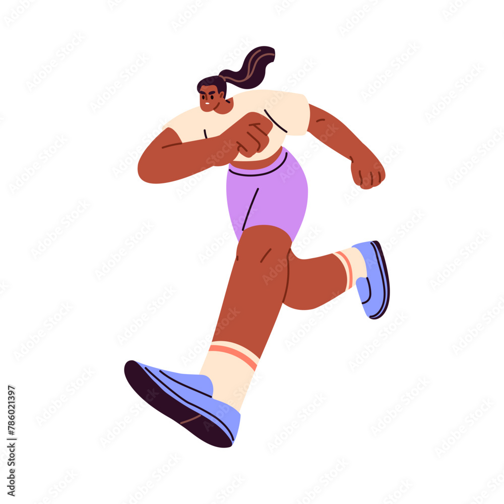 Naklejka premium Ambitious focused woman running forward. Active determined busy urgent female character rushing ahead to aim, goal. Ambition, aspiration concept. Flat vector illustration isolated on white background