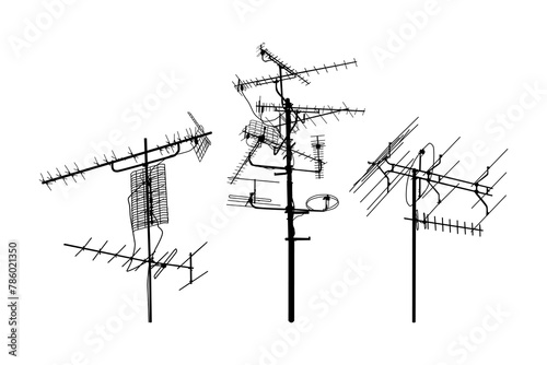 Television antenna icons set isolated on white background. Silhouettes of different television aerials. Tv antenna sign or symbol. Television rooftop antennas. Technology concept. Vector illustration