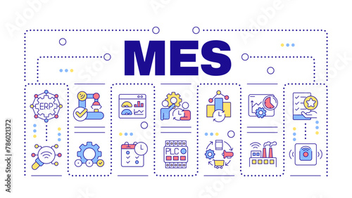 MES word concept isolated on white. Manufacturing operations, production scheduling. Performance analysis. Creative illustration banner surrounded by editable line colorful icons. Hubot Sans font used