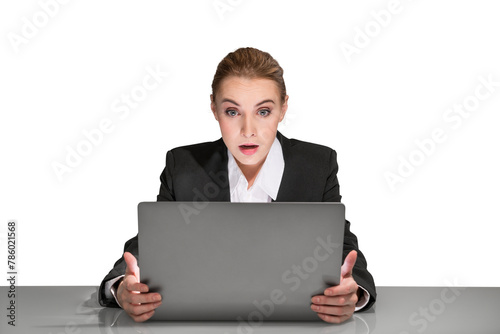 Fotografi Surprised businesswoman holding a laptop, captured from the chest up, against a