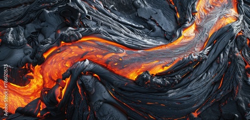 An artistic interpretation of molten lava oozing from a fissure in the earth's surface, creating a fiery river effect. photo