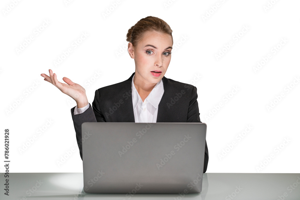 Confused businesswoman at a laptop with a questioning gesture, isolated on a white background, representing problem-solving Confused businesswoman at a laptop with a questioning gesture, isolated on a white background, representing problem-solving