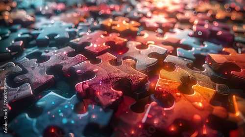 A graphic of a 3D puzzle with missing pieces floating into place, each labeled with business skills essential for success photo