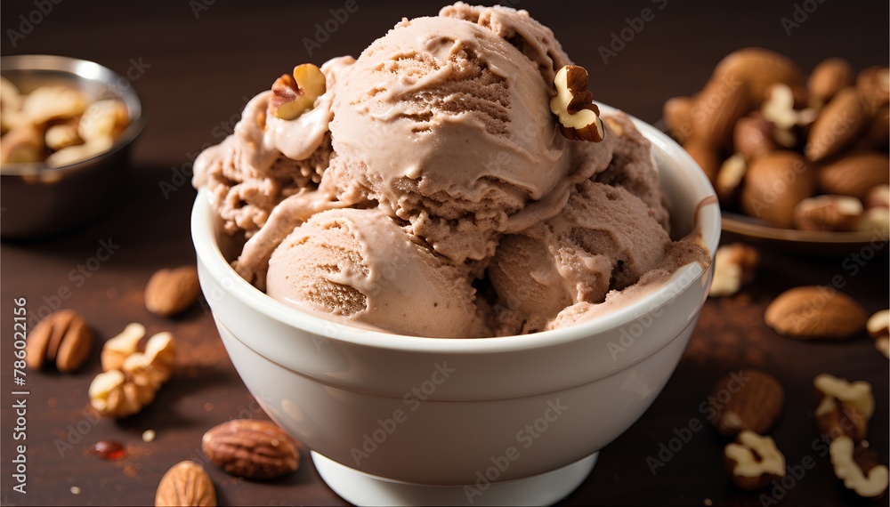 Hazelnut gelato ice cream scoops in a cup, on top with nutty and Chocolate syrup, black background Hazelnut gelato ice cream scoops in a cup, on top with nutty and Chocolate syrup, black background