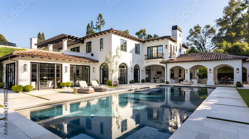 A large, white Spanish-style home with an elegant swimming pool and outdoor living space in the background © john