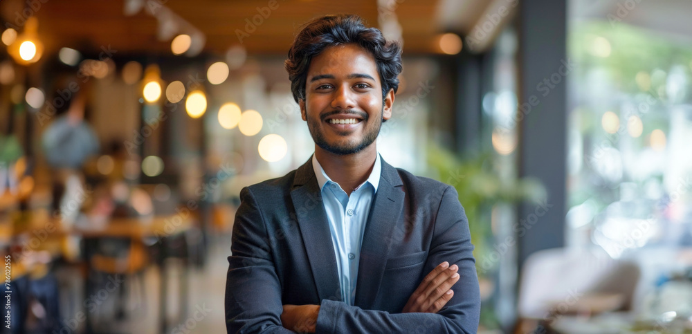 Fototapeta premium A man in a suit is smiling and posing for a picture