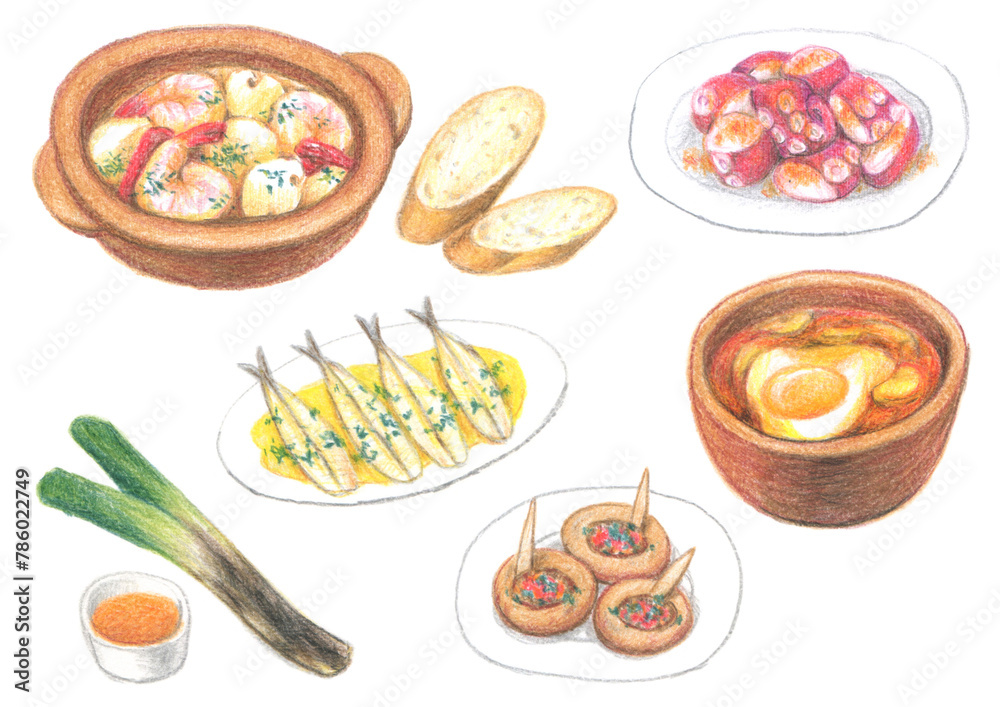 色鉛筆で描いたスペイン料理 色鉛筆で描いたスペイン料理