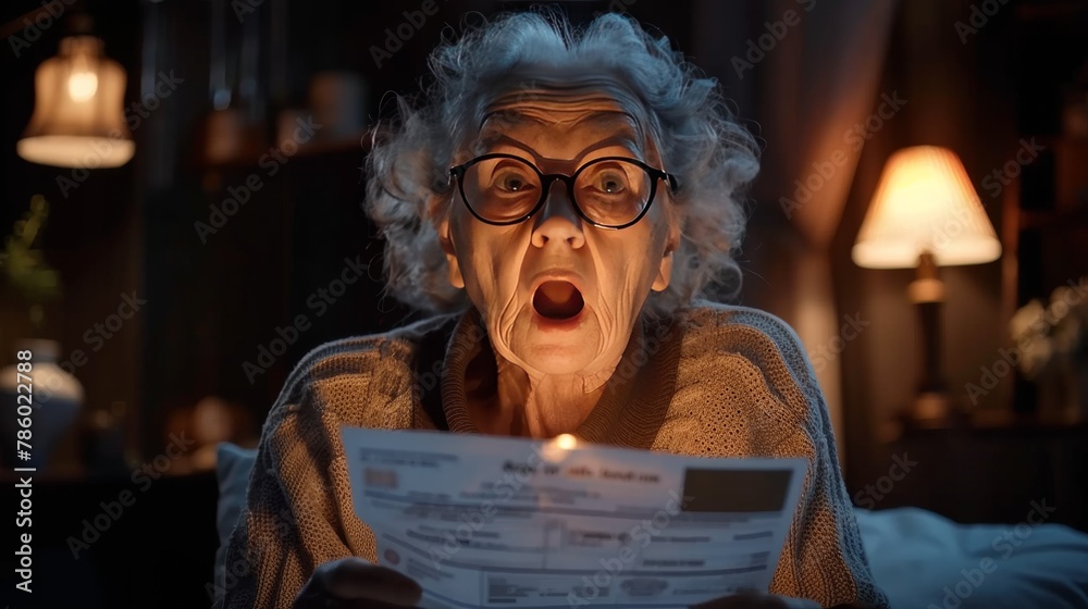 An elderly mature woman senior screams and gets angry because of the increase in utility bills for light. Negative emotion facial expression. Financial crisis bad news