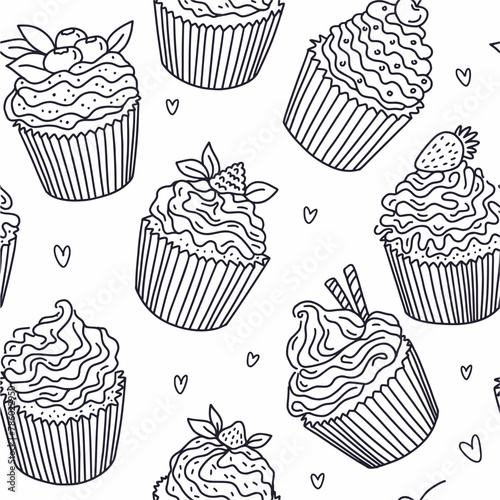Vector, seamless pattern from a collection of cupcakes, muffins, hand-drawn in the style of doodles.