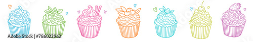 Vector horizontal collection of cupcakes, muffins, hand-drawn in the style of doodles.