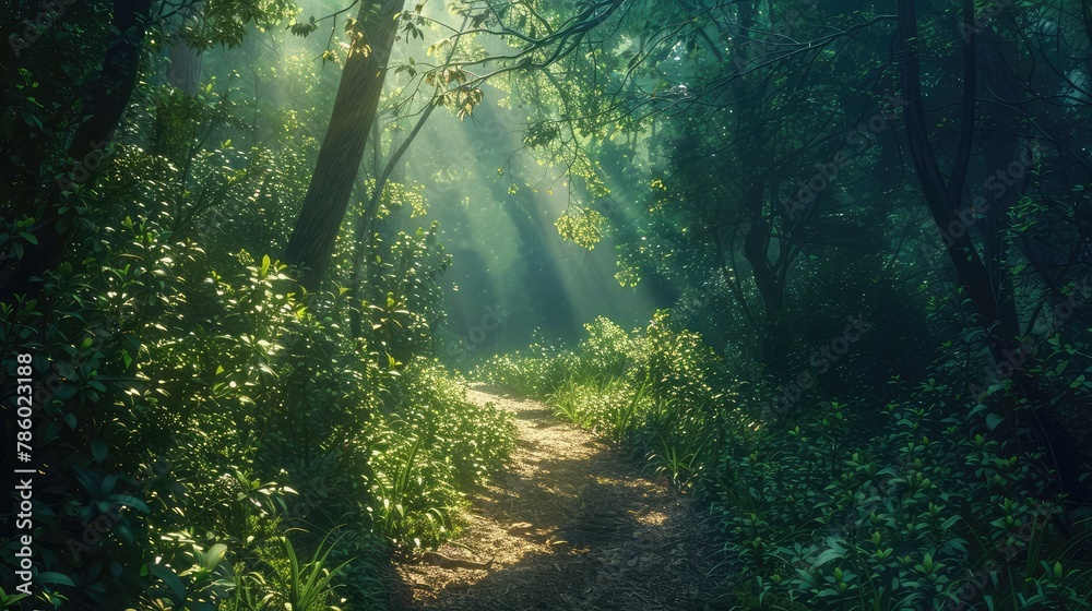A picturesque woodland path winding through a sun-dappled forest, with dappled sunlight filtering through the canopy and illuminating the lush undergrowth, inviting exploration and contemplation 