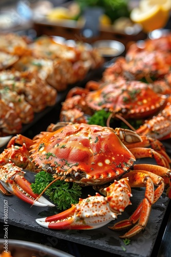 A plate of food with a crab on top