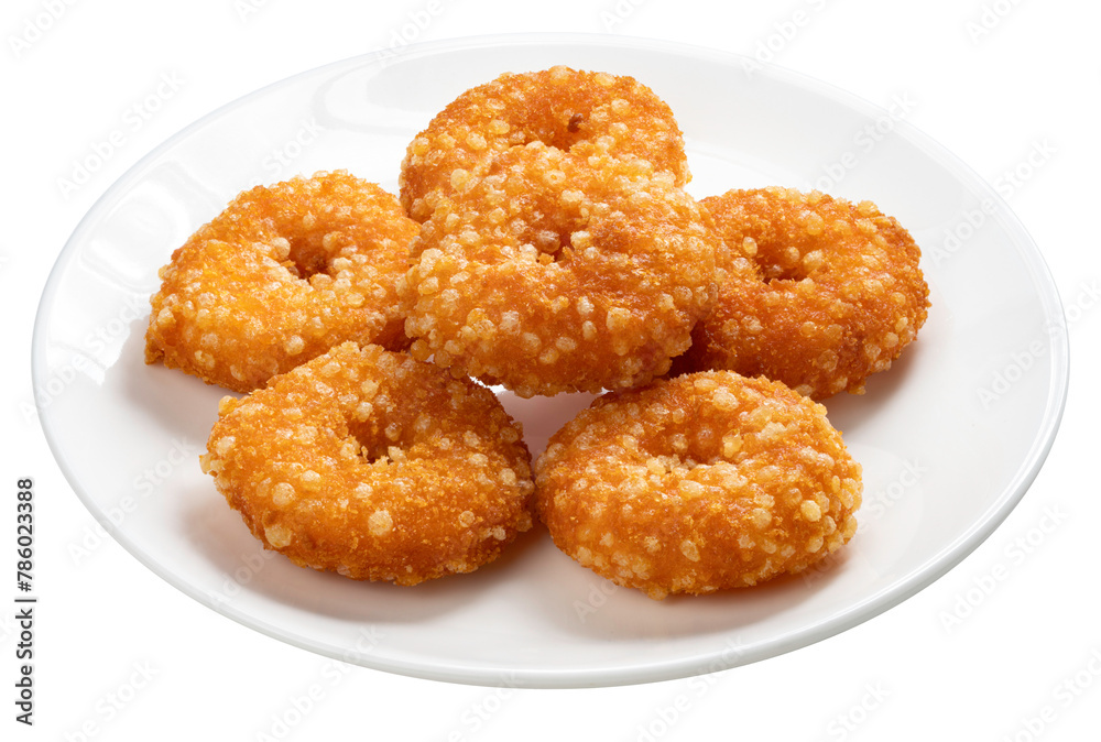 Fried Fish donuts in white dish isolated on white, Fried fish donuts Isolated on White background PNG File. Fried Fish donuts in white dish isolated on white, Fried fish donuts Isolated on White background PNG File.