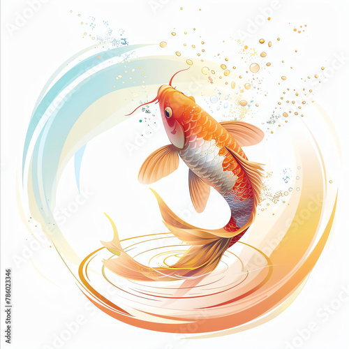 interesting angle-view pose shot. Illustration Thai art style graphic 2D flat colorful style vector gradient semi-realism gold-red-blue-green tone. Dynamic pose. A school of koi fish gracefully swimmi photo