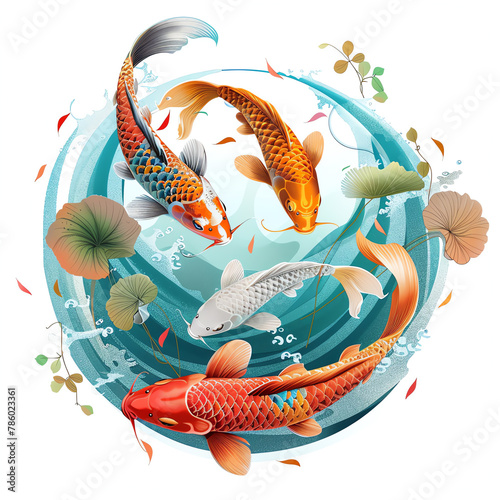 interesting angle-view pose shot. Illustration Thai art style graphic 2D flat colorful style vector gradient semi-realism gold-red-blue-green tone. Dynamic pose. A school of koi fish gracefully swimmi photo