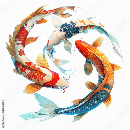 interesting angle-view pose shot. Illustration Thai art style graphic 2D flat colorful style vector gradient semi-realism gold-red-blue-green tone. Dynamic pose. A school of koi fish gracefully swimmi photo