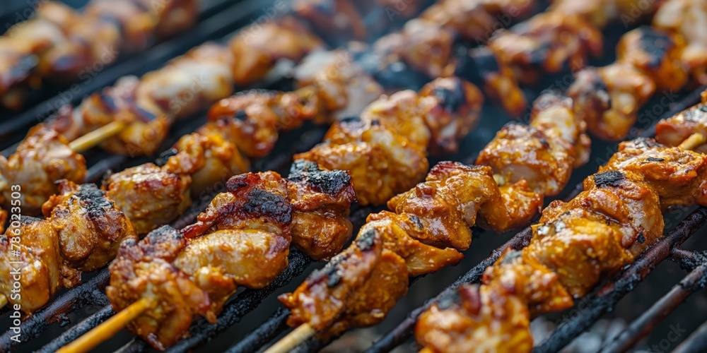 Sizzling skewered meat over flames, capturing the essence of a barbecue cookout with a smoky flavor