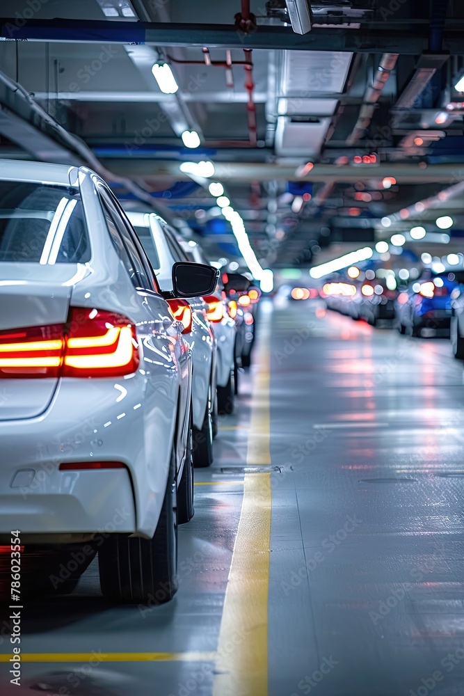 A row of cars are lined up in a factory