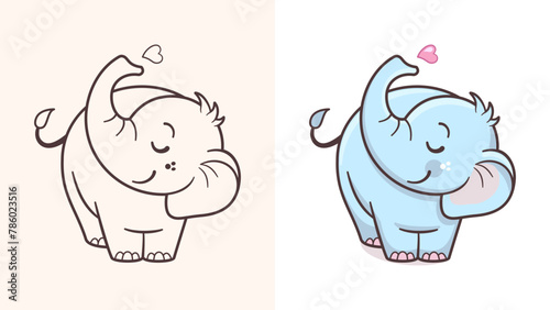Cute baby elephant cartoon vector illustration in kawaii style. Colored and black outline drawing of small elephant for print, pattern, children coloring book