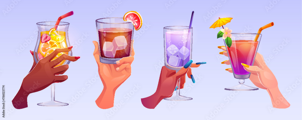 Glasses with cocktails in human hands. Cartoon vector illustration set of male and female arms holding different alcohol drinks in cups with straw, ice cubes and fruits. Party toast and cheers concept - obrazy, fototapety, plakaty 