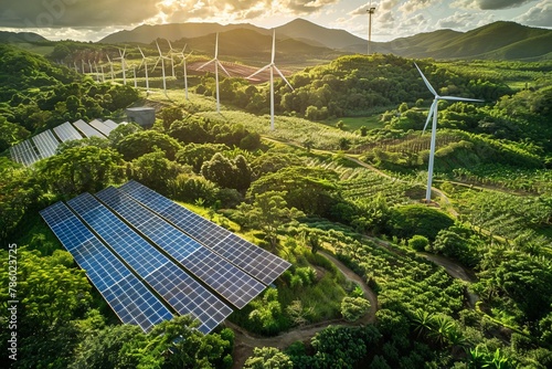 An innovative green energy installation featuring solar panels, wind turbines, and battery storage systems, aerial © Radmila Merkulova