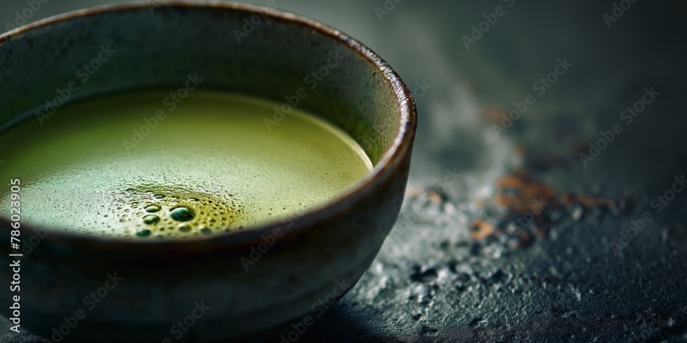 Closeup of a ceramic bowl filled with freshly whisked matcha tea, with a focus on the frothy texture against a dark background Closeup of a ceramic bowl filled with freshly whisked matcha tea, with a focus on the frothy texture against a dark background