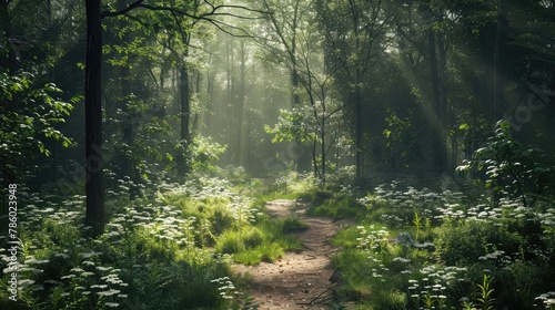 A picturesque woodland path winding through a sun-dappled forest  with dappled sunlight filtering through the canopy and illuminating the lush undergrowth  inviting exploration and contemplation