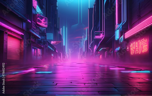 Futuristic design featuring an abstract neon-lit empty street background © Design_Stock