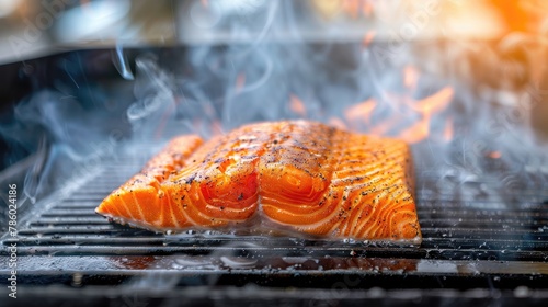 A piece of salmon is cooking on a grill, with smoke and steam rising from it