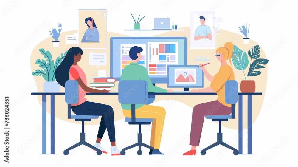Illustration of business finance design graphic work team in the office around computer at a business strategy planning and goal-setting meeting on creativity innovation. Generative AI Illustration of business finance design graphic work team in the office around computer at a business strategy planning and goal-setting meeting on creativity innovation. Generative AI