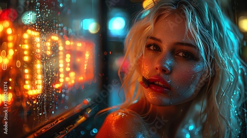A highquality image of a blond woman enjoying a snack while looking out the taxi window at the evening city lights photo