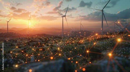 Renewable Energy Meets Economic Sustainability: Dynamic Holograms of Financial Data Over Solar Panels and Windmills in a Vibrant Daylight Scene