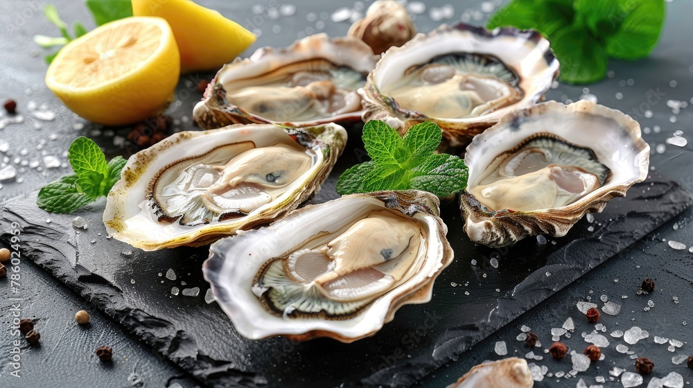A plate of oysters with lemon slices and parsley