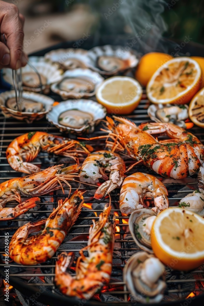 A person is cooking shrimp and oysters on a grill A person is cooking shrimp and oysters on a grill