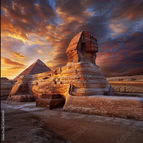 The iconic Great Sphinx by the majestic Pyramids of Egypt  standing sentinel in the sands of the Giza desert