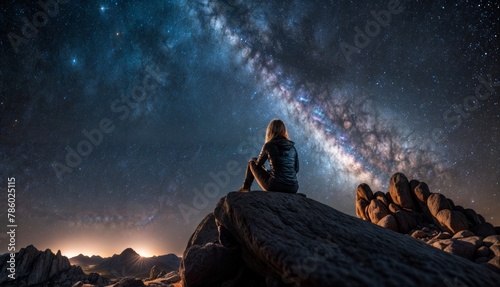 Young woman sitting on top of mountain and looking at milky way
